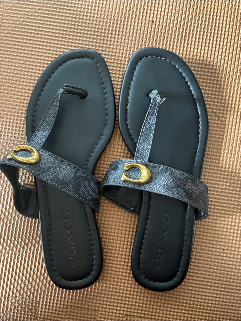 Coach Black Logo-Pattern Leather Thong Sandals with Gold 'C' Accent